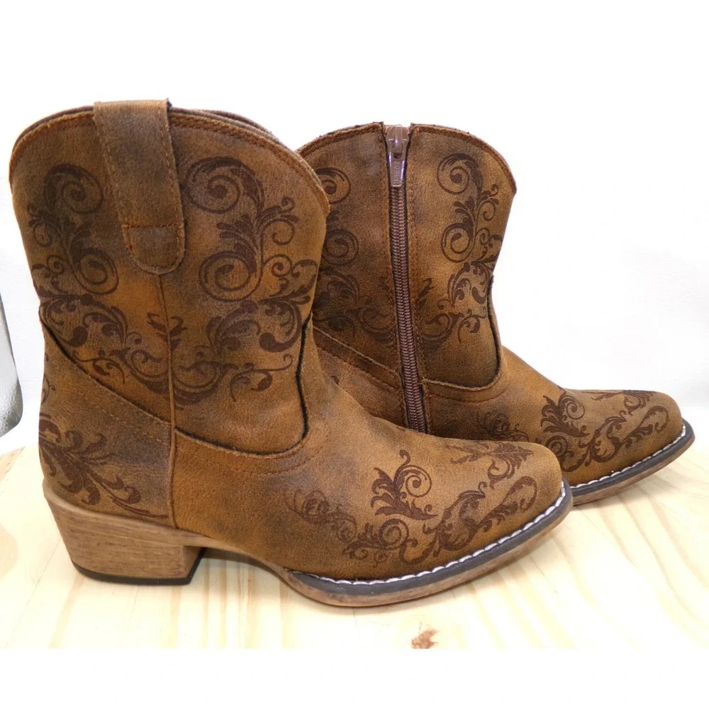 Roper Short Stuff Boots Womens Cognac Brown Size 5.5 Snip Toe Faux Leather